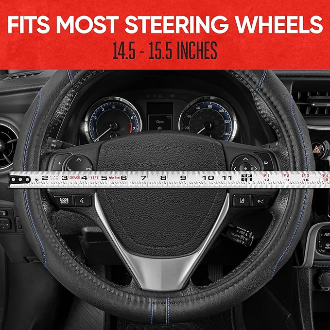Motor Trend GripDrive Faux Black Leather Steering Wheel Cover for Car Truck Van SUV, Standard 15 inch Size, Blue Accent Stitched Car Steering Wheel Cover Vehicle & Auto Accessories