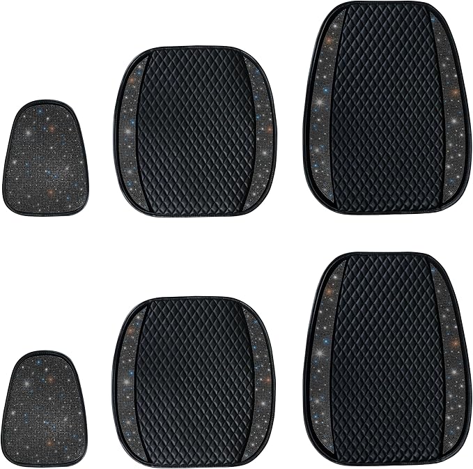 Luxury PU Leather Auto Seat Cover Protector Rhinestone Crystal Glitter Vehicles Front Seat Pad Mat Bling Bling Diamond Car Interior Accessories for Women, Lady - Universal Fit Black 2Seats