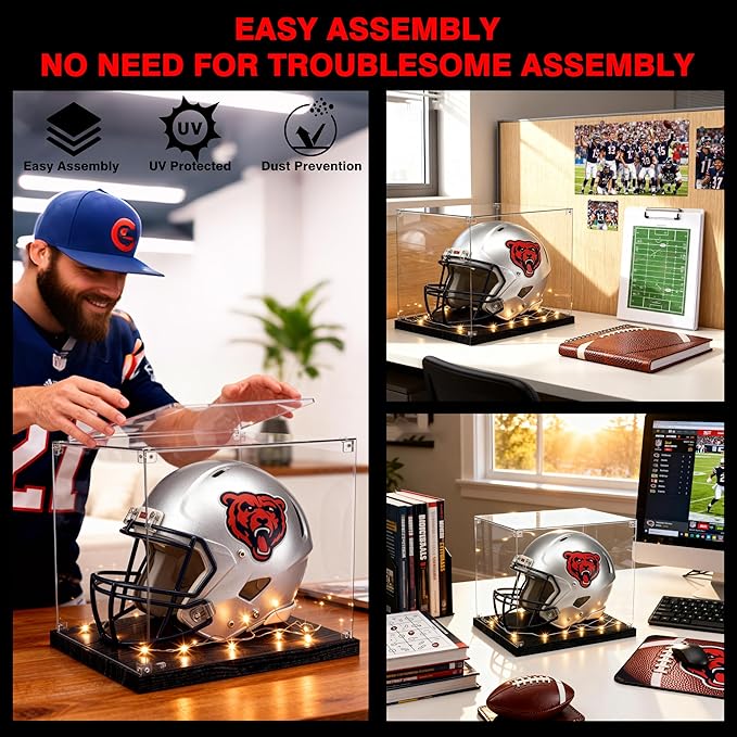 Football Helmet Display Case with Light Strip, Full Size Helmet Display Case with Wood Grain Base, UV Protection Helmet Showcase for Football, Hockey, Baseball, Motorcycle Helmets, Memorabilia Sports