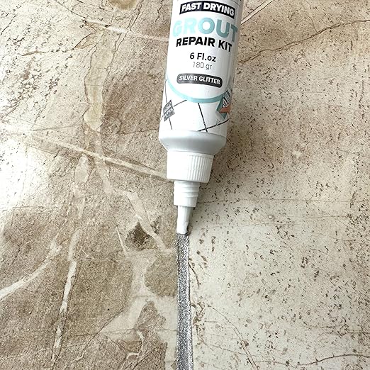 PentaUSA Tile Grout - Glitter Grout Tube, 6 Fl Oz Glitter Fast Drying Grout Paint, Shiny Grout Repair Kit - Renew Grout Lines in Bathroom, Kitchen, Countertops (180 ml, 6 Fl Oz) (Silver)