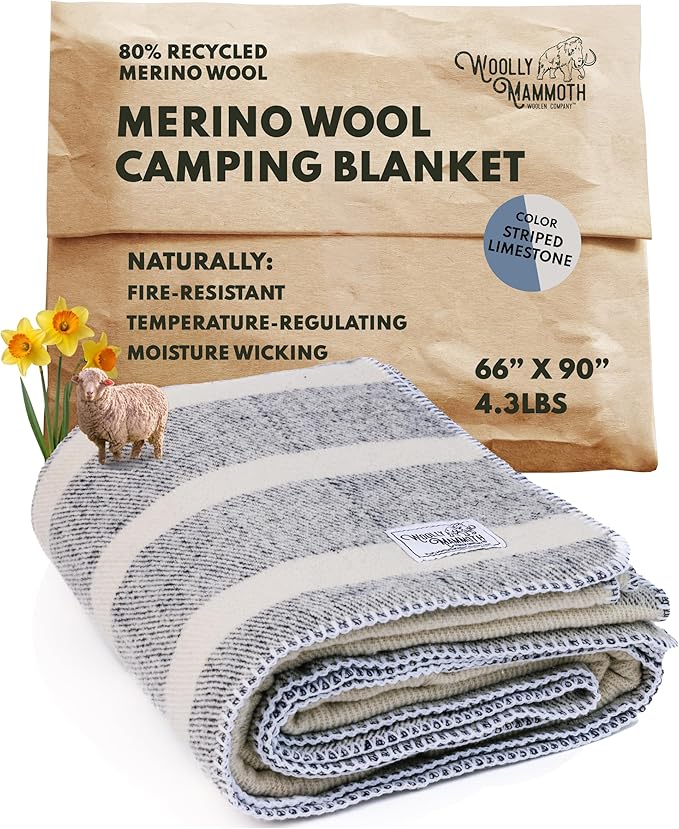 Woolly Mammoth Woolen Company Merino Wool Blanket - 80% Merino Wool - Camping Blankets for Cold Weather - Mositure-Wicking for Overlanding, Hunting, Emergency Kits, Bushcraft (66" x 90" Limestone)