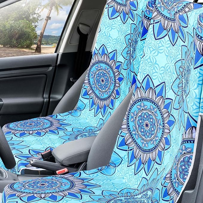 2 Pack Car Seat Towel Covers with Storage Bag 63 x 32 Inch Athletic Running Towel Seat Sweat Washable Non Slip Cover Gift for Car Outdoor Sport Activities (Blue Mandala)