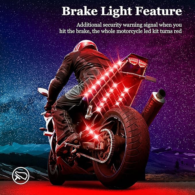 Motorcycle LED Underglow Kit, icicar 12 Pcs APP/RF Control Multicolor Motorcycle LED Light Kit with Brake Turn Signal, IP68 Waterproof & Music Sync Ambient Light for Motorcycles