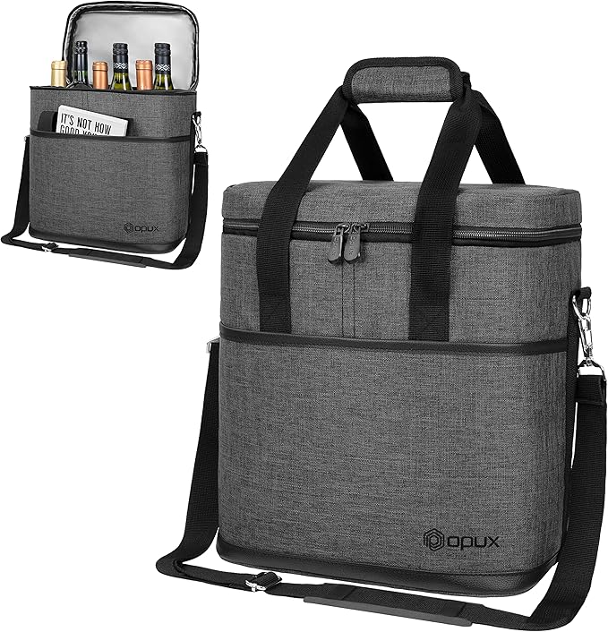 opux 6 Bottle Carrier Tote | Insulated Padded Wine Cooler Bag for Travel. Picnic, BYOB | Portable Leakproof Wine Tote Bag for Dinner, Party, Christmas, Wine Gift for Women, Men (Charcoal Gray)