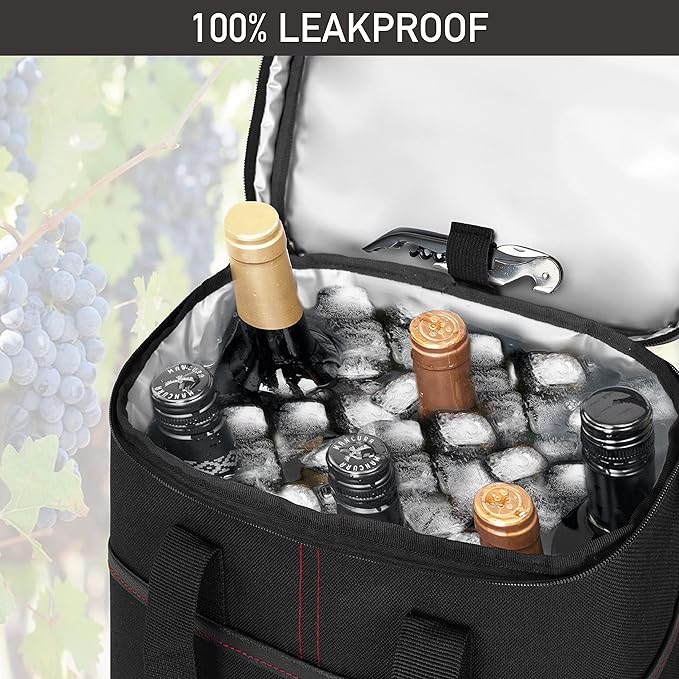opux 6 Bottle Carrier Tote | Insulated Padded Wine Cooler Bag for Travel. Picnic, BYOB | Portable Leakproof Wine Tote Bag for Dinner, Party, Christmas, Wine Gift for Women, Men (Black)