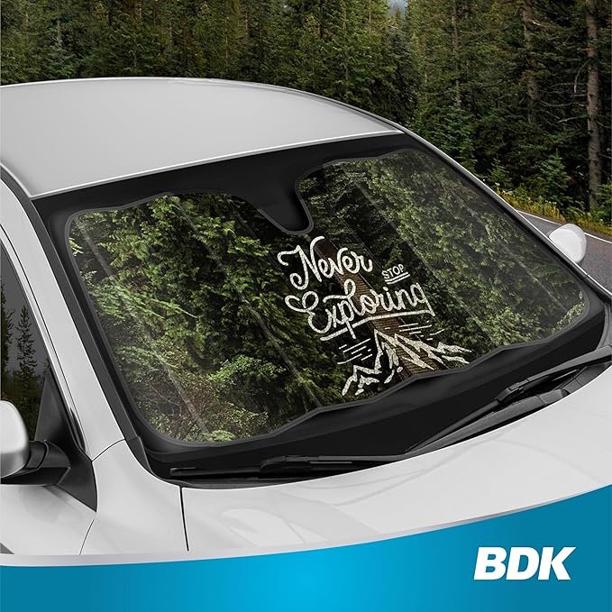 BDK Never Stop Exploring Front Windshield Sunshade Accordion Folding Style Auto Shade for Car Truck SUV Van Blocks UV Rays Sun Visor Protector Easy Setup Keeps Your Vehicle Cool - 58 x 27 inches