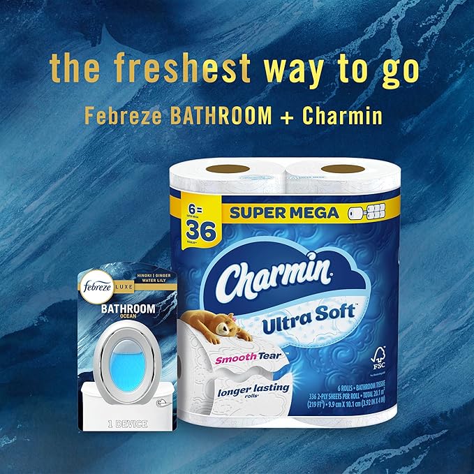 Febreze Bathroom Air Freshener, Odor-Fighting, Plug In Alternative, Air Fresheners for Small Spaces in Home, Bathroom, Kitchen, & Closet, Pet & Litter Box Odor Fighter, Ocean Scent, 4ct