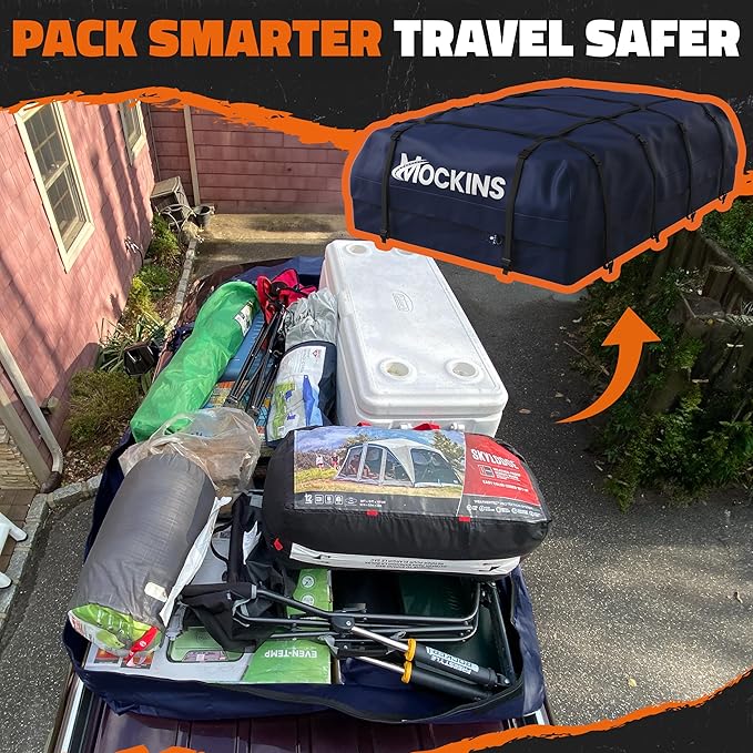 Mockins 30 Cu Ft Navy Car Rooftop Cargo Carrier Bag | 60"x43"x20" Weatherproof 500D Vinyl Car Roof Bag Cargo Carrier for Top of Vehicle | Vehicle Soft-Shell Carriers w/Roof Mat, Lock, Hooks & Straps