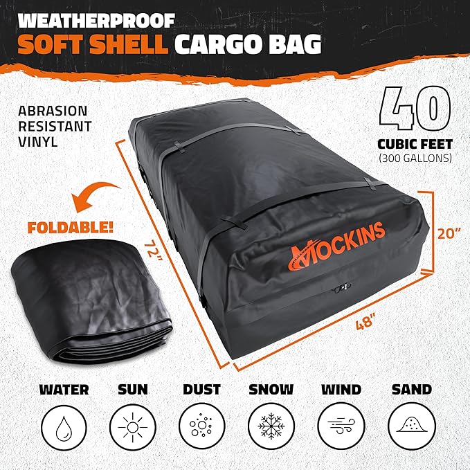 Mockins 40 CuFt XXL Roof Bag Cargo Carrier for Top of Vehicle | 72"x48"x20" Waterproof Vinyl Rooftop Cargo Carrier Bag | Secure Vehicle Soft-Shell Carriers for Car, Truck, SUV, Van, RV w/Accessories