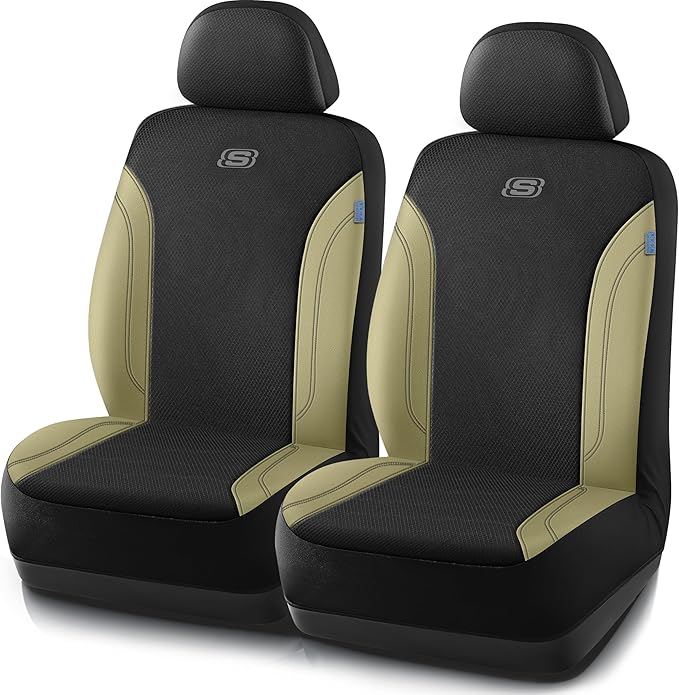 Skechers Car Seat Covers, Work Leather Seat Covers 5-Times Stronger Built-in Webbing, Oxford Fabric Front Seat Cover, Airbag Compatible, Automotive Comfort for Cars, Trucks, SUVs,Beige
