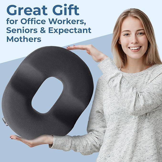 5 STARS UNITED Donut Pillow Hemorrhoid Tailbone Cushion – Large Floor Cushion for Pain Relief – Coccyx, Prostate, Sciatica, Pelvic Floor, Pressure Sores, Pregnancy, Postpartum Recovery, Dark Gray