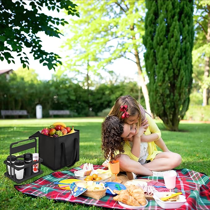Reusable 6 Cup Drink Carrier with Handle and Insulated Food Delivery Bag, Portable Plastic Cup Caddy, 26L Grocery Cooler Box for Car Delivery, Travel, Picnic