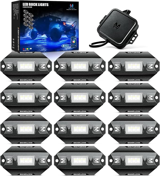 MICTUNING C1 12 Pods RGBW Rock Lights - Multicolor Underglow Neon Light Kit with Bluetooth Controller, APP Control, IP68 Waterproof