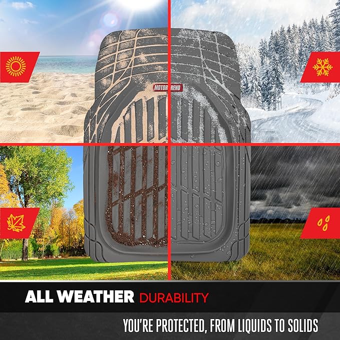 Motor Trend FlexTough 4-Piece Heavy Duty Floor Mats for Cars Trucks SUVs, Automotive Floor Mats Car Mats Full Set Front, Rear & Cargo, Trim-To-Fit Semi-Custom Deep Dish All Weather Rubber Mats - Gray