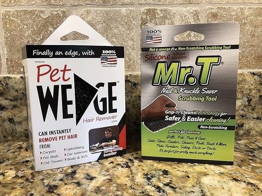 Pet Wedge® Hair Remover 4 Pack- Plus Four MRT® Pet Dish Scrubbers (Bonus Pack)