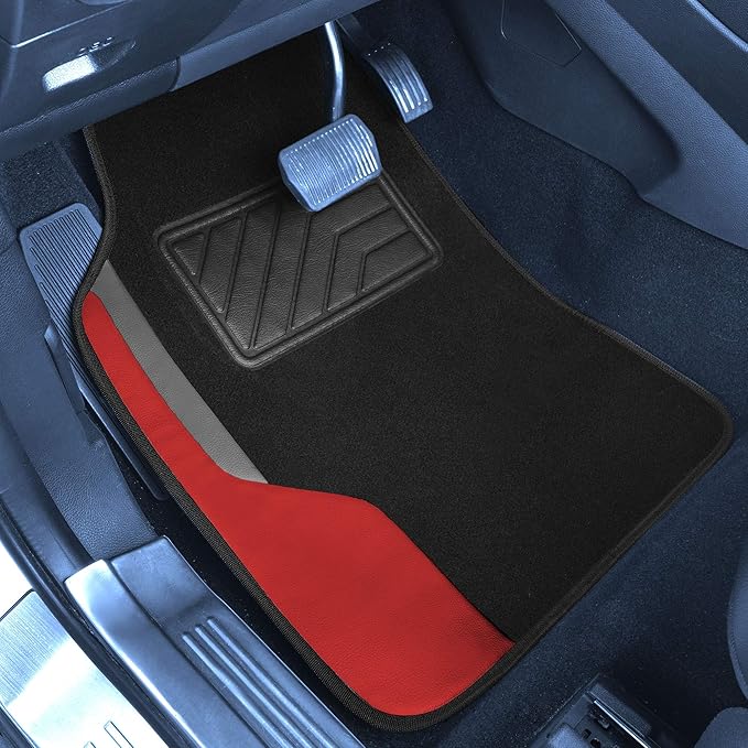 FH Group Color-Block Carpet Car Floor Mats – Non-Slip, Faux Leather Accents, Universal Fit for Sedan, SUV & Truck – Full Set Red