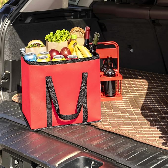 Reusable 6 Cup Drink Carrier with Handle and Insulated Food Delivery Bag, Portable Plastic Cup Caddy, 26L Grocery Cooler Box for Car Delivery, Travel, Picnic
