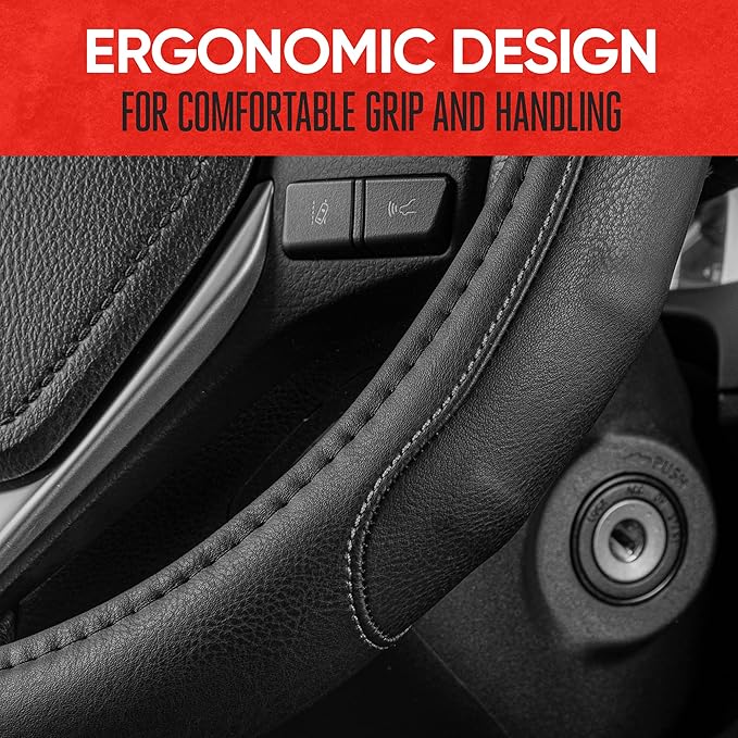 Motor Trend GripDrive Faux Black Leather Steering Wheel Cover for Car Truck Van SUV, Small 14 inch Size, Gray Accent Stitched Car Steering Wheel Cover Vehicle & Auto Accessories (Pack of 2)