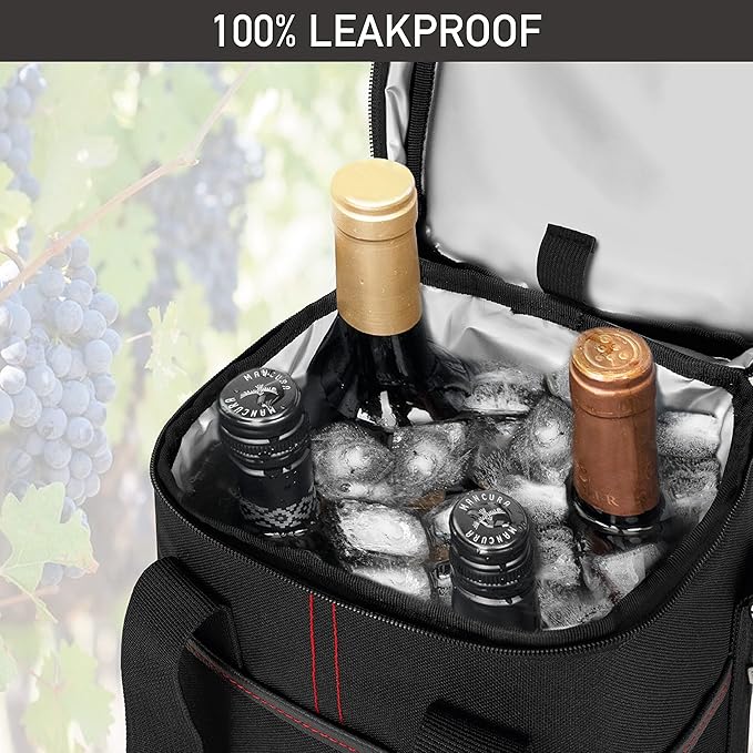 Opux 4 Bottle Insulated Wine Cooler Bag - Leakproof Padded Portable Wine Bottle Carrier for Travel Picnic BYOB Gift (Black)