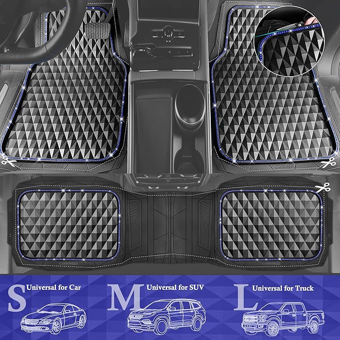 CAR PASS Bling Diamond Rubber Car Mats, Heavy Duty Deep Dish All-Weather Floor Mat Full Set Anti-Slip 3D Rhombus Waterproof Trim to Fit Liner Universal Glitter Sparkly Shining Rhinestone, Black Blue