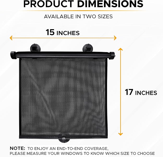 EcoNour Car Side Window Sun Shade (2 Pack) | Retractable Roller Sunshade for Kids | Baby Car Window Shades for UV and Sun Glare Protection | Baby Travel Accessories (15"x17")