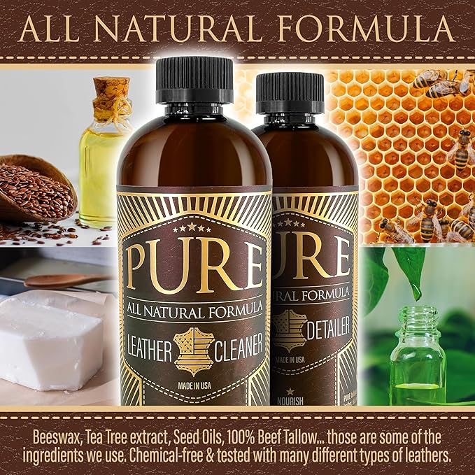 Leather Cleaner, Conditioner and Detailer Kit - Natural Beeswax Formula for Car Seat, Couch, Furniture, Purse, Boots & Jackets - Auto Interior Detailing Set - Made in USA (Advanced Kit)