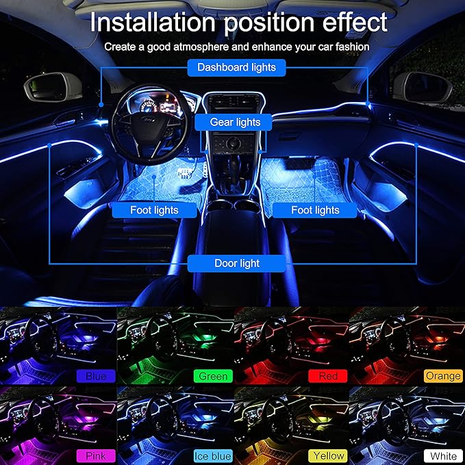 6 m Optic Fiber Car Ambient Lighting Kit Bluetooth App Control + RF Remote Control 64 Colors Multicoloured Music Interior Footwell Lighting Kit 12V 1W