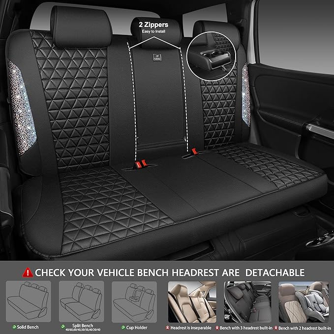 CAR PASS Bling Diamond Leather Car Seat Covers Full Seats Interior Sets, Waterproof Shining Glitter Sparkly Crystal Universal Armrest Automotive Truck SUV Cute Women Girl, Black Multicolor Rhinestone