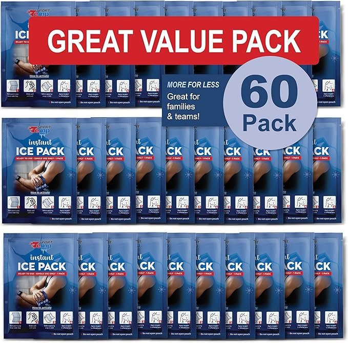 Sport Temp Instant Ice Cold Packs (7”x 5”) Disposable Ice Packs for Pain Relief, Swelling, Injuries, Toothaches, and Sprains – Cold Therapy for Athletes, First Aid, Travel & Outdoor Use (60 Pack)