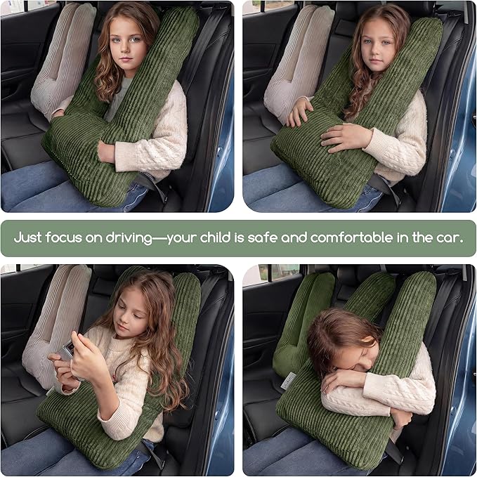 HIGOGOGO Washable Travel Pillow, Car Pillow for Kids & Adults, Travel Pillows with Removable Soft Cover and High-Support Foam, Fix Neck and Body Sitting/Sleeping on The Trip, Dark Green