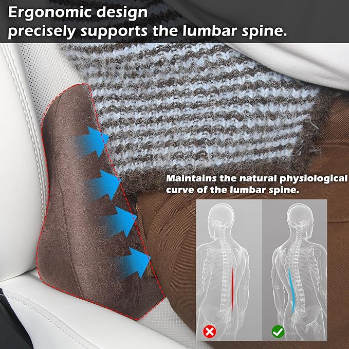Lumbar Support Pillow for Car, Ergonomic Memory Foam Back Cushion for Driving, Seat Office Chair, Gaming Chair, Lower Back Support for Back Pain Relief, Brown, 2 Pack