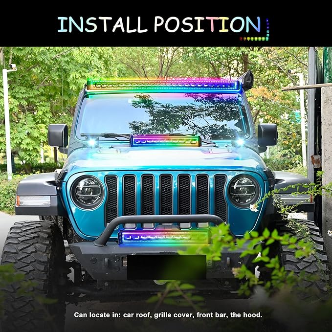 22" RGB LED Light Bar 2Pcs 4" Flood LED Pods with Multi-Color Chasing RGB Halo 16 Solid Colors Over 92 Flashing Modes Offroad Lights Driving Lamp Fog Lights with Switch Wiring Harness