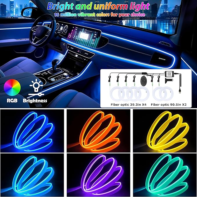 6 in 1 Car Led Strip Lights with App Control, RGB Colors Interior Car Lights, Ambient Led Lighting Kit, 4 Light Flashing Modes, USB Neon Accessories for Doors, Center Console