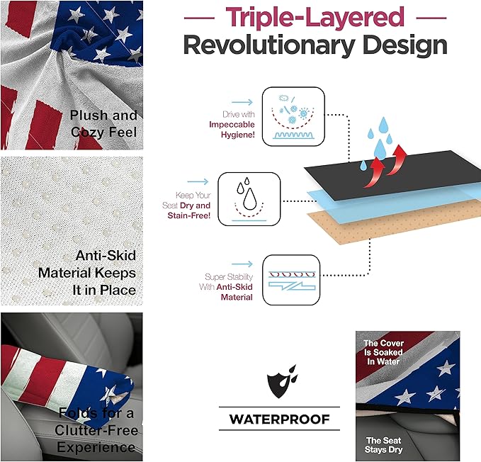 lebogner Waterproof Seat Cover, Sweating Towel for Post Gym Workout, Running, Swimming, and Beach, Universal Fit Anti-Slip Seat Protector for Cars, and Trucks, Machine Washable, American Flag Design
