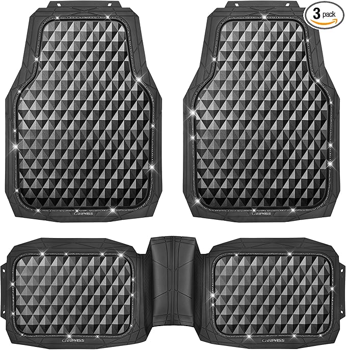 CAR PASS Bling Diamond Rubber Car Mats, Heavy Duty Deep Dish All-Weather Floor Mat Full Set Anti-Slip 3D Rhombus Waterproof Trim to Fit Liner Universal Glitter Sparkly Shining Rhinestone, 3 Pcs Black