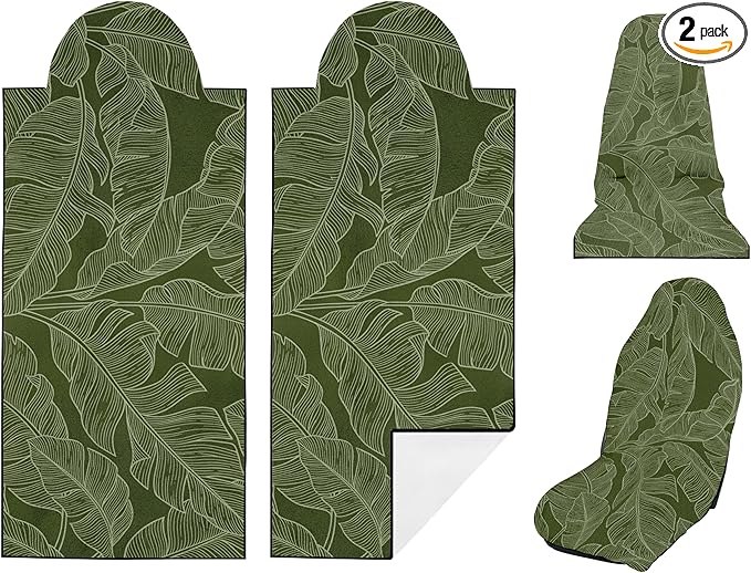 2 Pack Car Seat Towel Covers, Sweat Protector for Front Seats, Premium Thickened Microfiber with Elastic Strap, Breathable & Quick Dry, Machine Washable Cover for Gym Running Universal Fit Banana Leaf