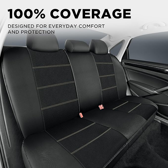 PIC AUTO Car Seat Covers, Premium Leather and Air Mesh Automotive Sports Seat Covers Full Set, Front and Rear Bench, Airbag Compatible Universal Fits Most Cars, SUVs, Trucks and Vans (Black & Beige)