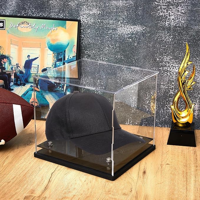Barydat Clear Hat Display Case 7.8" L x 7.8" W x 8.6" H Crystal Acrylic Baseball Hat Box with Stainless Steel Risers Memorabilia Helmet Display Holder Stand