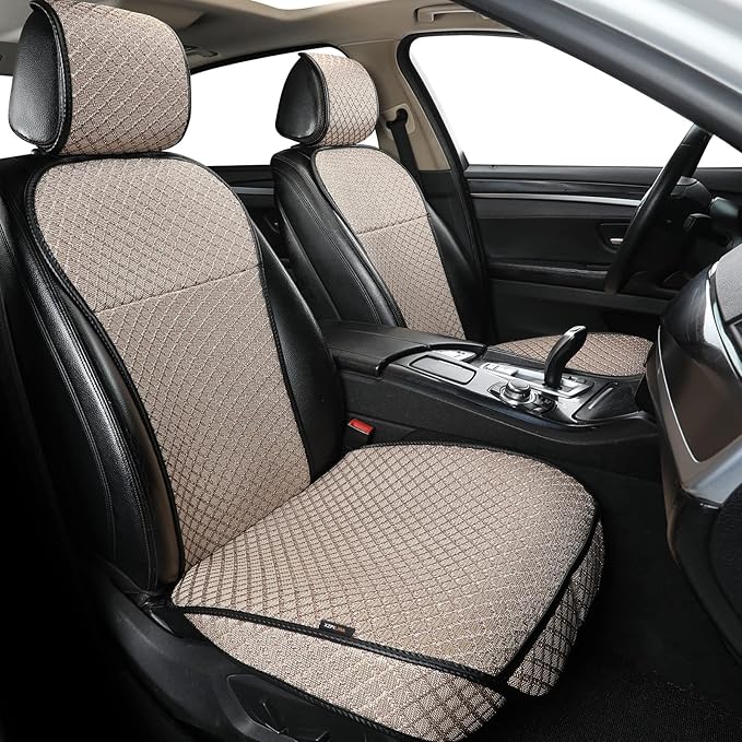 Breathable Car Seat Cover,Luxury Front Seat Cover,Durable and Non Slip,Polyester Silk Material, Universal Car Seat Cushion,Suitable for All Seasons,Airbag Compatible(Beige，2PCS)