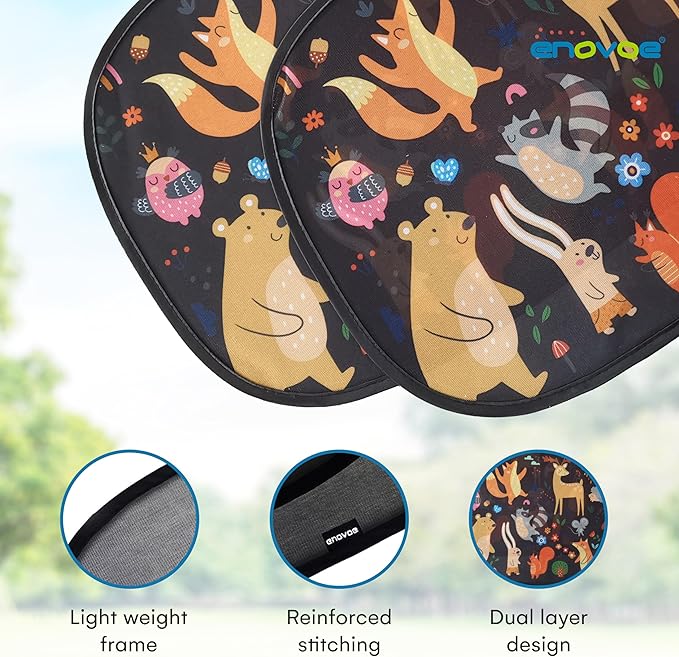 Window Sun Shade for Baby - Sun Blocker Cover and Visor for Car Side Windows - Shield Protector - Sunshades for Rear Windows - Cartoon Animal Design (2 Pack) 19"x12"