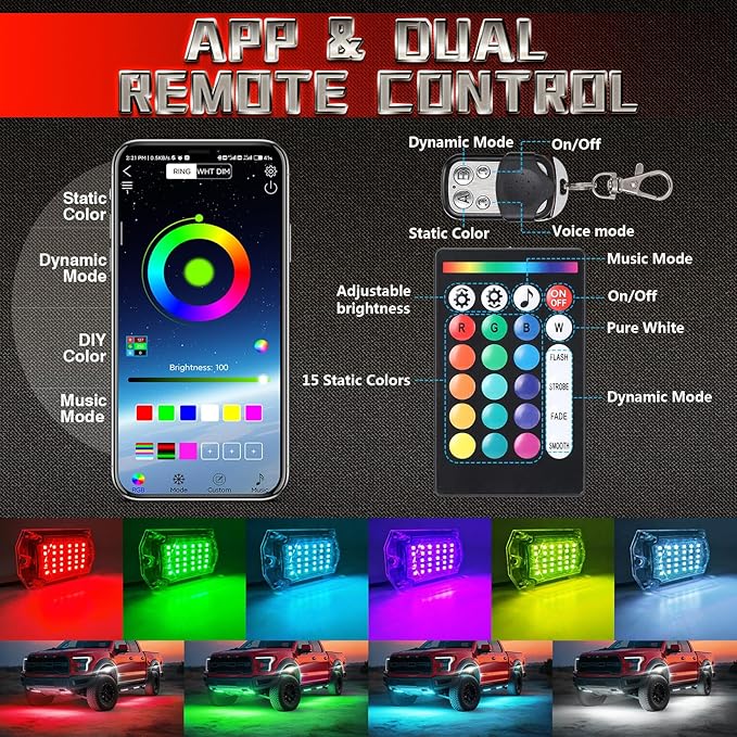 20 Pods RGB LED Rock Lights for Trucks Offroad Pickup Trailer Sedan SUV Cars, Waterproof Multicolor Neon Underglow Kit with Bluetooth APP/RF Remote, Vehicle Accent Underbody Light Underneath 12V