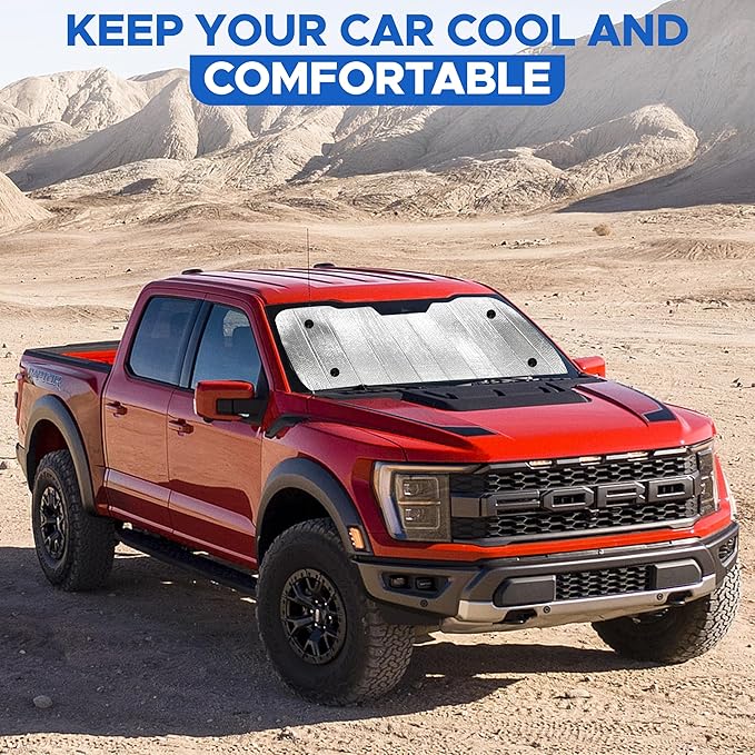 EcoNour Accordion Truck Windshield Sun Shade | Foldable Sun Visor with 4 Suction Cups | Reflective Automotive Windshield Shade Blocks UV Rays&Heat |Window Sun Blocker for Cool Interior - 66" x 31"