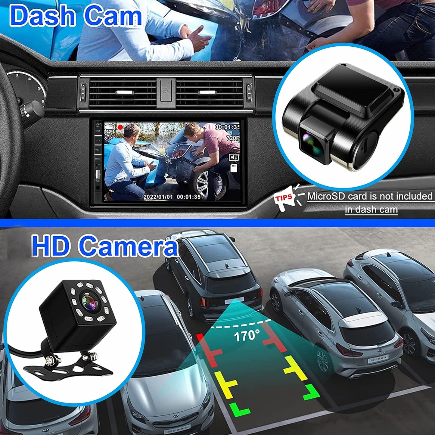 Naifay Double Din Car Stereo with Dash Cam | 7INCH Touchscreen Car Radio Receivers Support with Apple Carplay & Android Auto, Bluetooth, Backup Camera, Mirror Link, Voice Control, SWC, FM/USB/TF/AUX