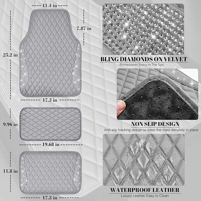 CAR PASS Bling Diamond Car Mats Gray Leather Floor Mats Sparkly Glitter Crystal Shining Rhinestone Carpet Anti-Slip Waterproof Pad Universal Fit for Automotive SUV Sedan Van 5pcs for Girl Women Gray
