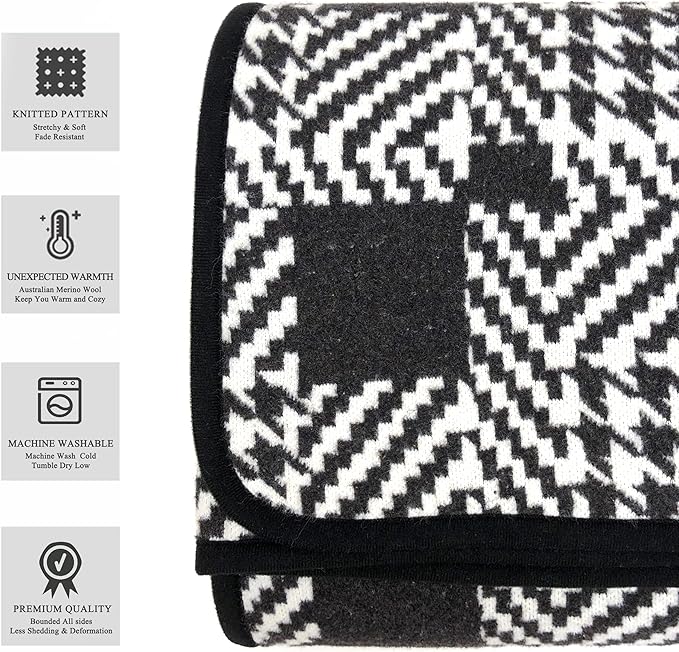 PuTian Merino Wool Blanket - 87" x 63" Thick Warm Soft Large Bed Throw - Great for Camping, Outdoors, Travel, Car, Couch, All Seasons Houndstooth Black