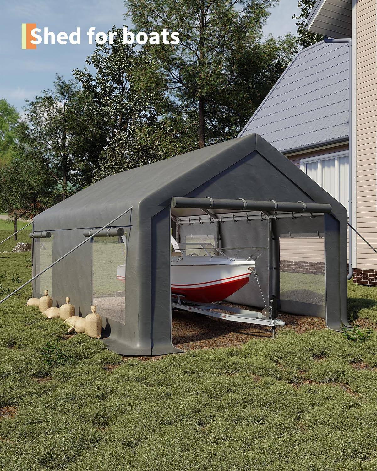 10x20 Ft Carport, Car Port with 200g PE Tarp, Roll-Up Doors, and 4 Windows, for Sedans, Bass Boats, Motos, ATVs, and SUVs, Light Gray