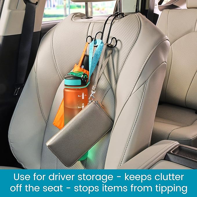 High Road Metal Car Hooks for Purses and Bags - Unbreakable Headrest Car Hooks for Large Purse Straps and Heavy Bags up to 40 lbs - Secure Attachment Loops Fit All Headrest Posts (Triple Hook 2-Pack)
