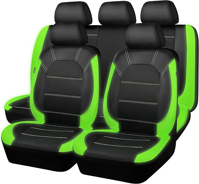 CAR PASS Luminous Green Leather seat Covers Universal Sport car seat Cover, 5mm Composite Sponge Inside, Airbag Compatible fits Most Cars, SUVs,Trucks,Vans (Full Set,Black with Green)