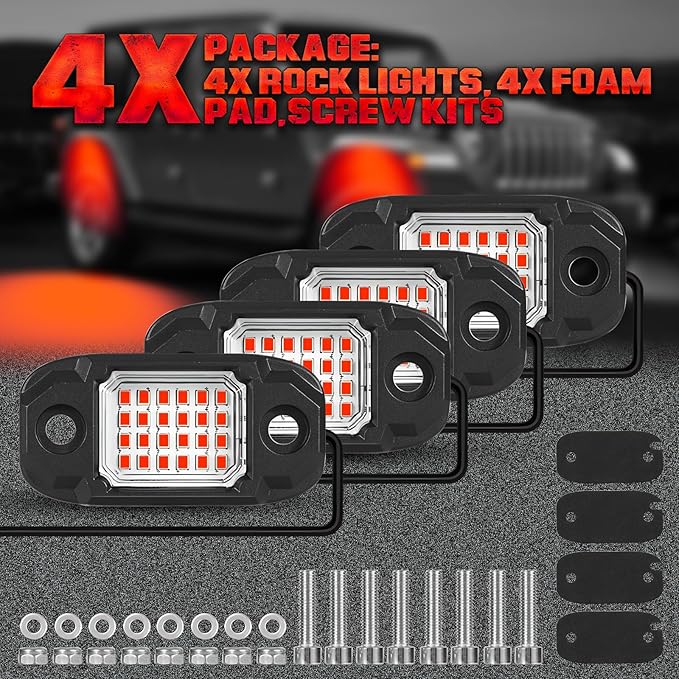 4 Pods Red Rock Lights 24 LEDs Chips Waterproof Neon Trail Rig Lamp Underglow Lights for Car Truck Motorcycle SUV ATV UTV (Red)