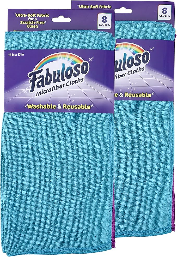 Fabuloso Microfiber Cleaning Cloths for Home & Car, Lint-Free Scratch-Free Rags for Glass, Kitchen & Wood, Reusable Machine Washable, Absorbent for Dusting & Wiping, Rainbow, 13 x 13 in, 8 Ct - 2 Pk